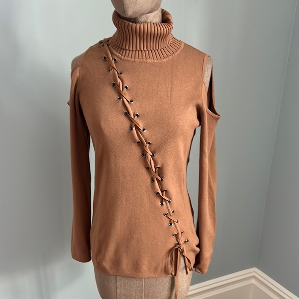 Anne Fontaine Tan Cold Shoulder Turtleneck Sweater
